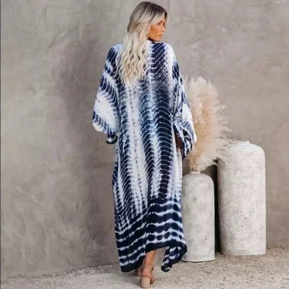 Boho Blue Tie Dye Kimono Duster Coverup - Picture 3 of 13